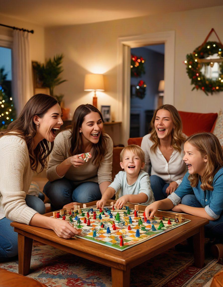 A vibrant family gathering with children and adults engaged in a joyful game night, laughter echoing around a colorful living room adorned with cheerful decorations. Piles of board games and playful snacks on a table, showcasing the excitement. A warm atmosphere is amplified by soft lighting and expressive facial reactions. super-realistic. vibrant colors. cozy setting.