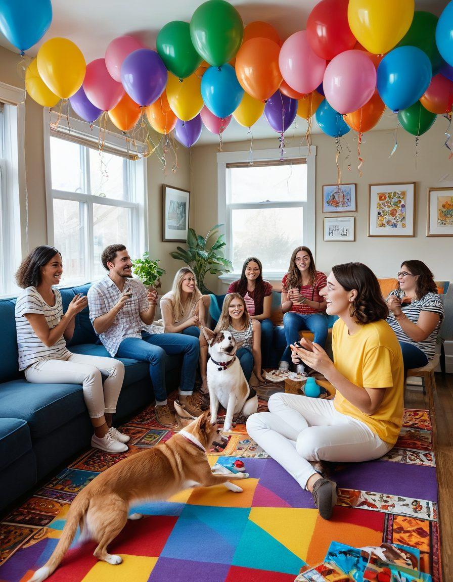 An energetic scene featuring people of diverse backgrounds enjoying various interactive games, laughing and having a great time. Include colorful board games, a virtual reality setup, and playful pets joining in the fun. The background should be a lively room filled with cheerful decorations and bright colors, emphasizing a joyful atmosphere. cartoonish style. vibrant colors. 3D.