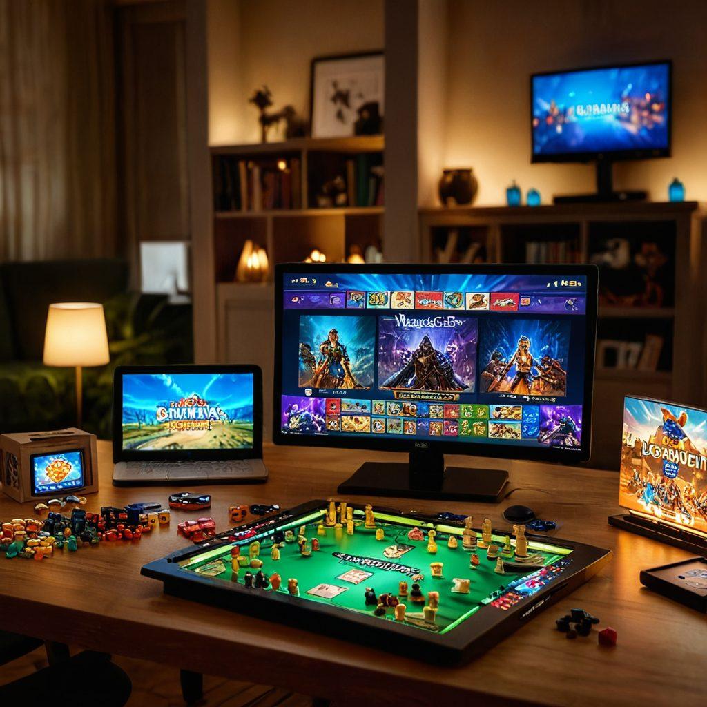 A split scene showcasing an array of board games on one side, transitioning into vibrant digital games on the other, with colorful pieces merging into glowing screens. Include a cozy home environment with a family joyfully playing, emphasizing excitement and connection. Bright, inviting colors to enhance a lively atmosphere. super-realistic. vibrant colors. cozy setting.